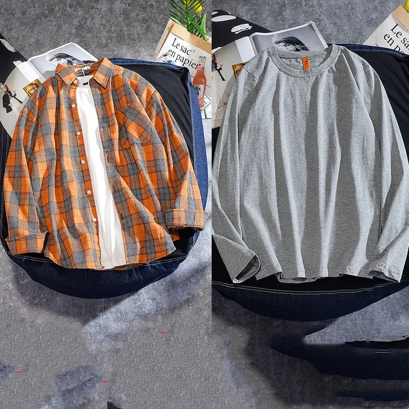 Camicia a quadri uomo manica lunga primavera e autunno stile Ins. Comoda e versatile, per un look casual e alla moda. Perfetta per ogni occasione. — foto 8