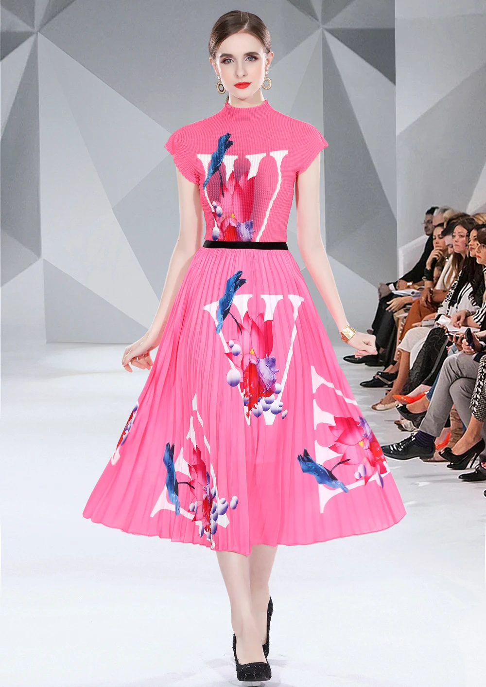 Printing Suit Women's Stand Collar T-length Pleated Skirt Two-piece Set — photo 1