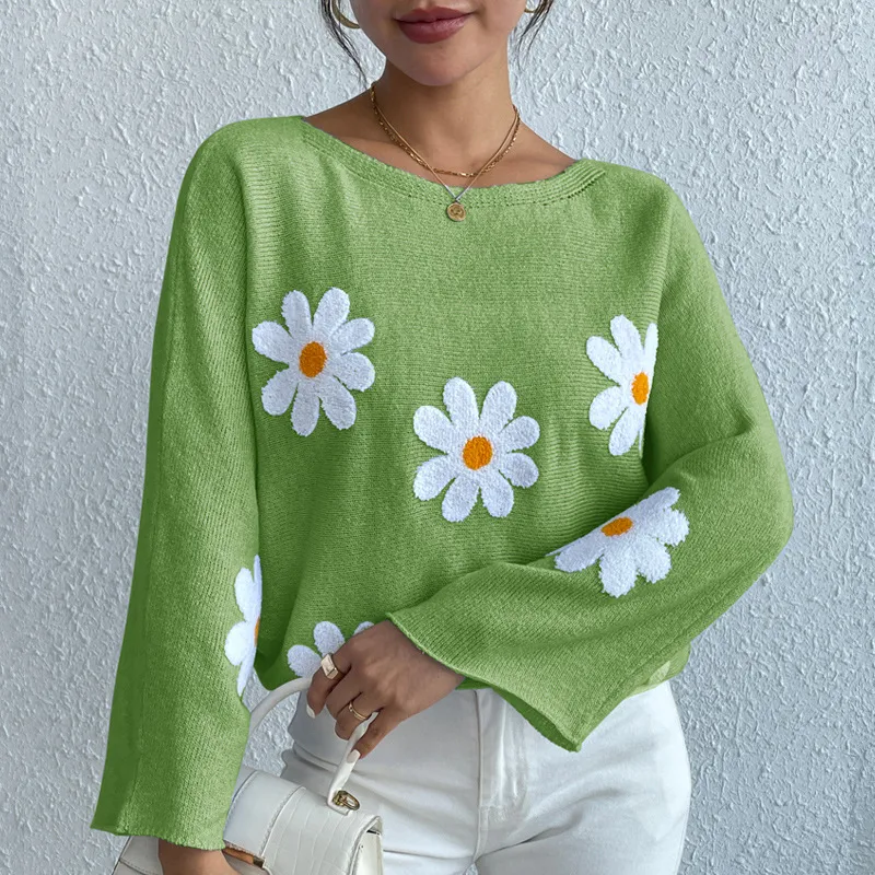 New Loose Bat Sleeve Sweater for Women Tops with Embroidered Flowers College One-shoulder Design for a Stylish Look — photo 2