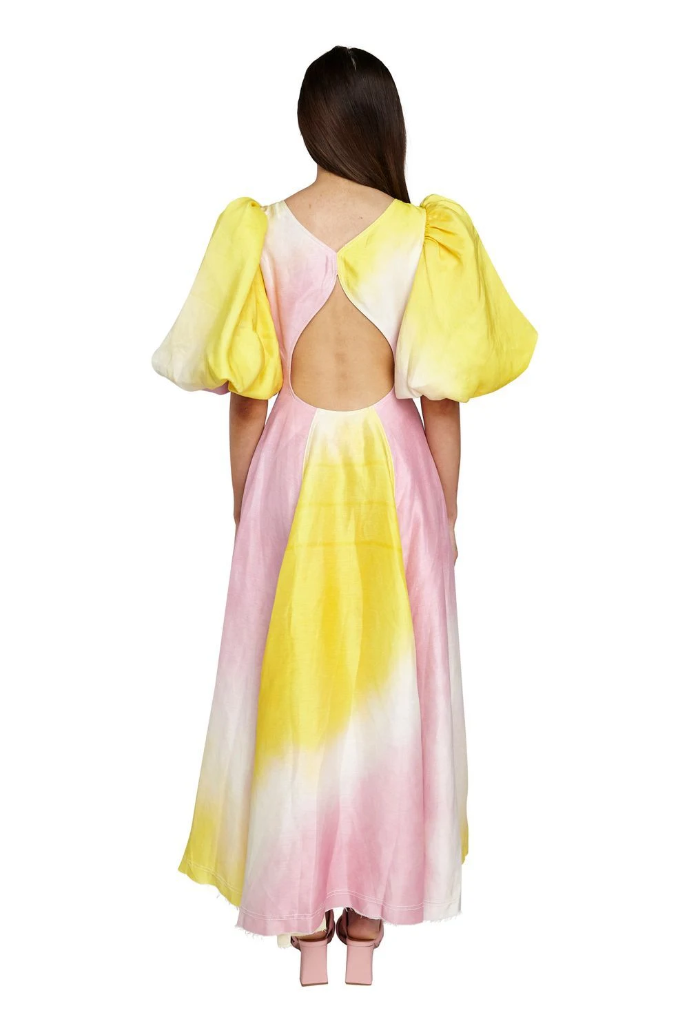 Title 5, GY24153 Fashion Color V-neck Lantern Sleeve Dress