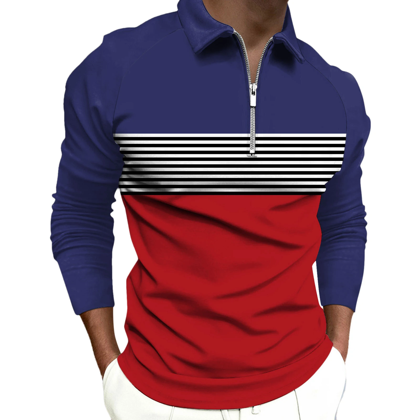 Title 2, Striped Black Raglan Polo Shirt for Men with Zi...
