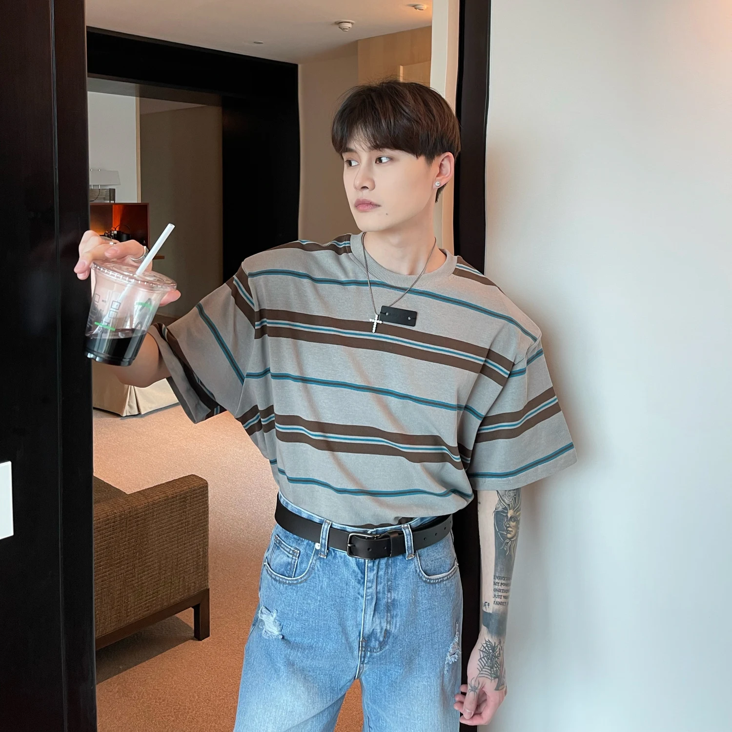 Men's Loose Casual Cotton Shoulder Pads Striped Short Sleeves, providing comfort and style for everyday wear during the — photo 8