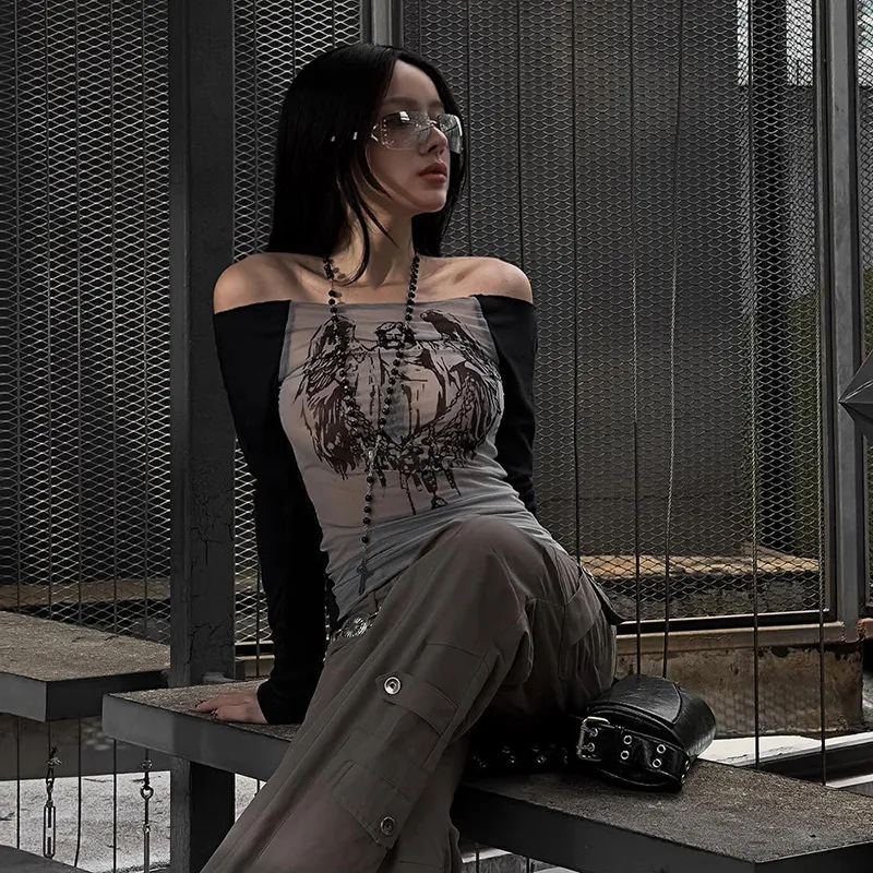 European and American Hot Girl Style Gauze Knitted Stitching Off-Neck Printed Transparent Top for a chic and sexy look. — photo 7