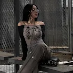 European and American Hot Girl Style Gauze Knitted Stitching Off-Neck Printed Transparent Top for a chic and sexy look. — photo 7