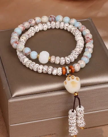 Ethnic Style Temple Xingyue Bodhi Double Circle Bracelet with Carbon Coke and Cat's Paw. Promotes mindfulness and spirit