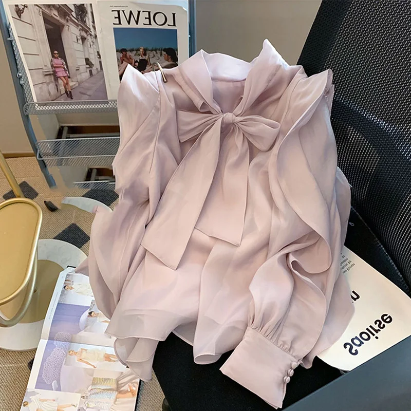 Title 1, French Bow Chiffon Shirt Women Loose And Beautiful