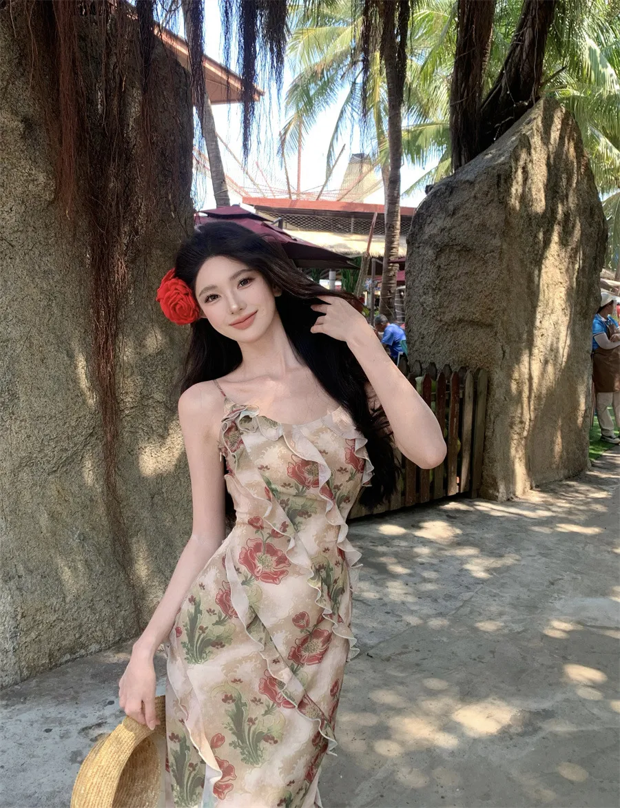 Title 6, Printed Ruffled Spaghetti Straps Dress