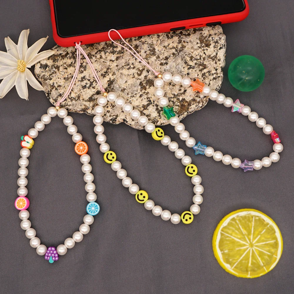 Go2Boho Corrente de Telefone com Pérolas, Cordão para Celular, Pingente Charm, Lanyard, Smiley, Estrela, Frutas, Joias — foto 3