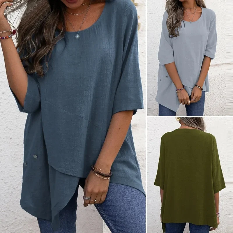 Title 16, Cotton Linen Round-neck Irregular Shirt Half Sl...