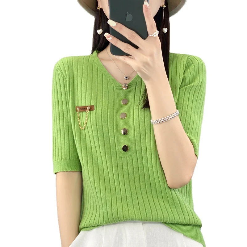 Maglione top da donna alla moda con scollo a V e tinta unita, monopetto, elegante e versatile per creare look casual o più formali, comodo e chic. — foto 15