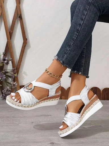 Title 15, Womens Metal Buckle Hemp Rope Wedge Peep Toe S...