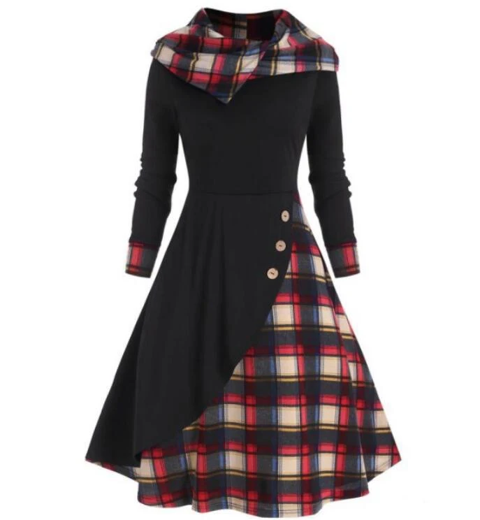 Plaid Stitching Hooded Turtleneck Dress for ultimate comfort and style. Perfect for fall and winter. Stay warm, cozy, an — photo 4
