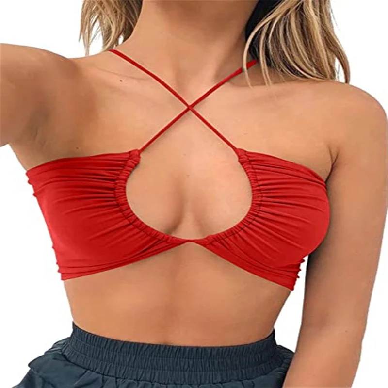 Top feminino longo novo, com alças ajustáveis, sem alças, estilo halter, e design envolvente no busto. Ideal para um visual moderno e elegante. — foto 6