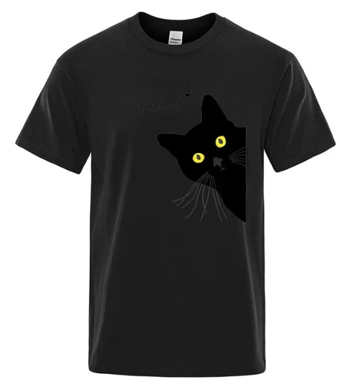 Title 7, Mens Black Cat Print Loose Street Short Sleeve...