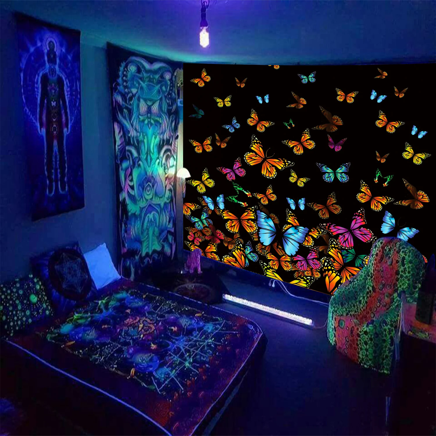 Tapeçaria Fluorescente Esqueleto Cogumelo Astronauta Decore Seu Espaço com Arte Cósmica e Brilho Sob Luz Negra — foto 6