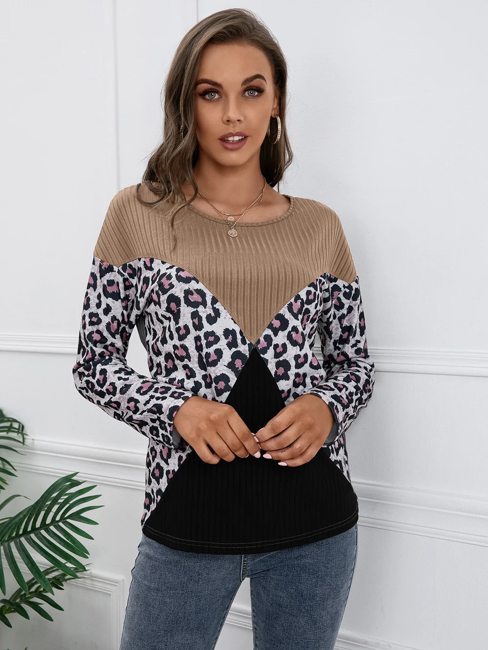 Title 12, Leopard Print Stitching Casual Loose Long Sleev...