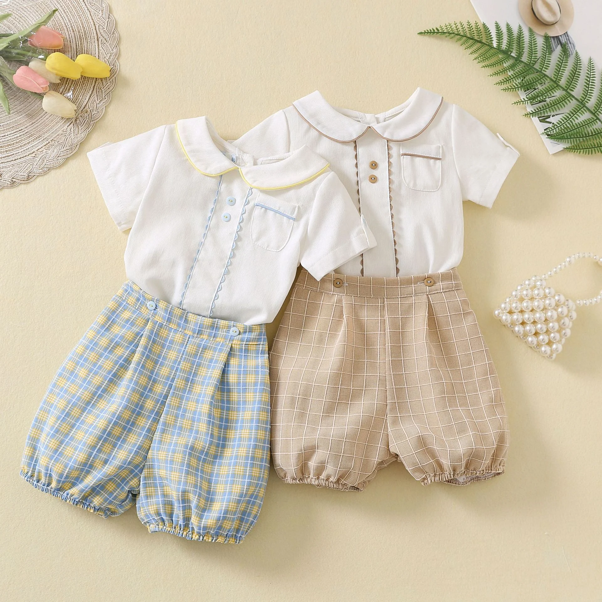 Conjunto Infantil Camisa Manga Curta Shorts Xadrez Conjunto Bonito Ideal para o verão, confortável e estiloso. Perfeito para brincar e ocasiões especiais. — foto 9
