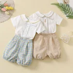 Conjunto Infantil Camisa Manga Curta Shorts Xadrez Conjunto Bonito Ideal para o verão, confortável e estiloso. Perfeito para brincar e ocasiões especiais. — foto 9