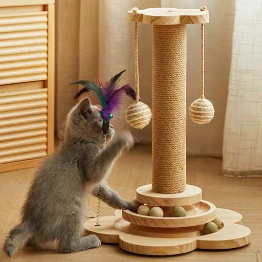 Wooden Pet Cat Toy Tower Funny Cat Stick Balls Sisal Hemp Kitten Scratching Board with Turntable Interactive Balls Acces — photo 1