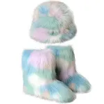 Botas Quentes de Pelúcia Chapéu Bucket de Pelúcia Colorido Mantenha-se aquecido e estiloso com estas botas e chapéu aconchegantes, perfeitos para o inverno. — foto 16