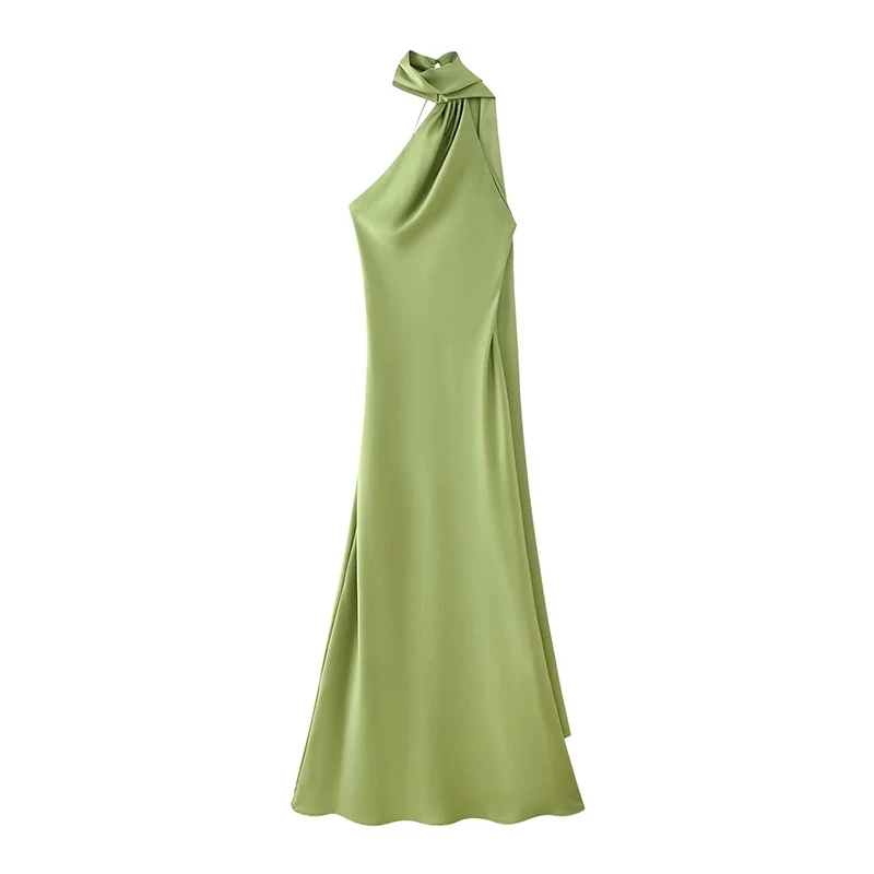 Vestido Halter Con Cinta De Textura De Satén De Seda De Color Sólido De Moda — foto 5
