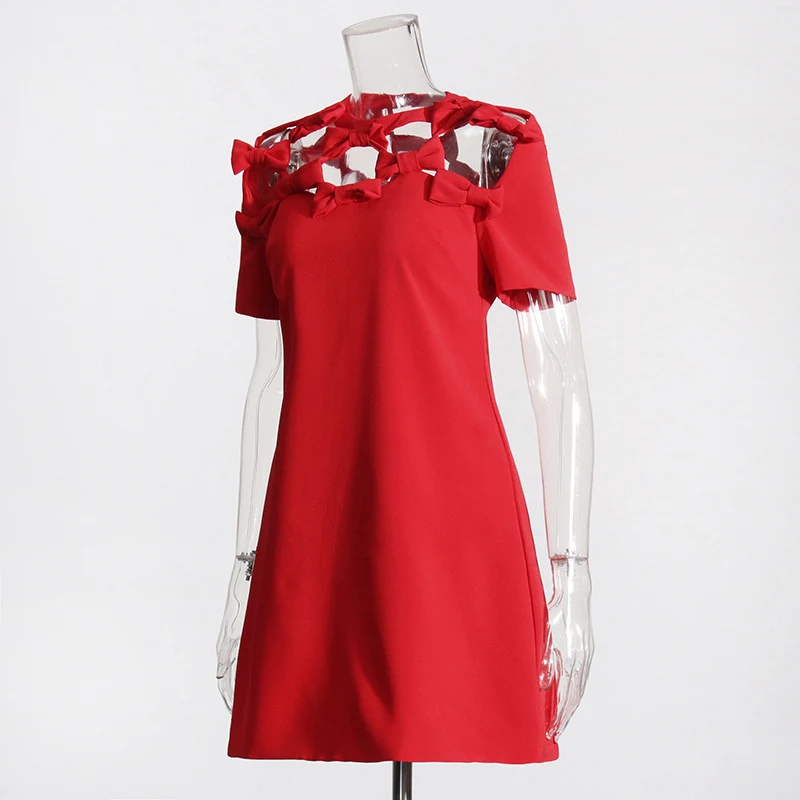 Bow Hollow Design Fashion Socialite Style Temperament Red Slimming Dress — photo 16