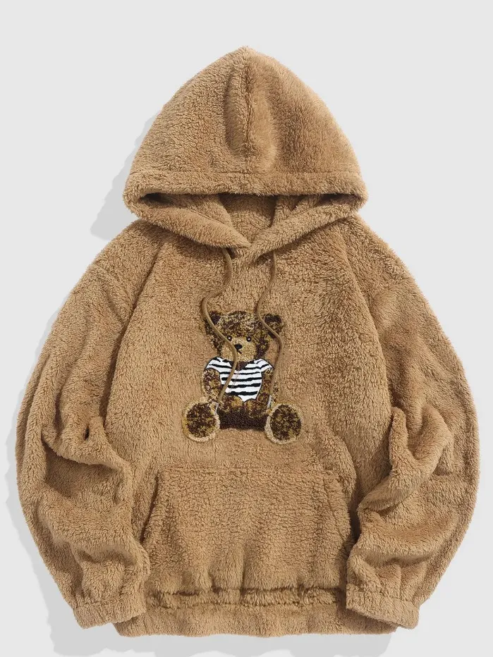 Flannel Fabric Plush Bear Embroidery Badge Hooded Sweater, providing warmth and comfort, perfect for cozy days and casua — photo 12