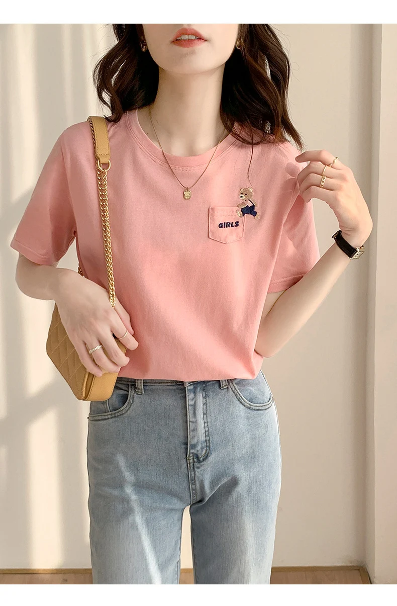Title 5, Camiseta feminina de algodão soltinha com borda...