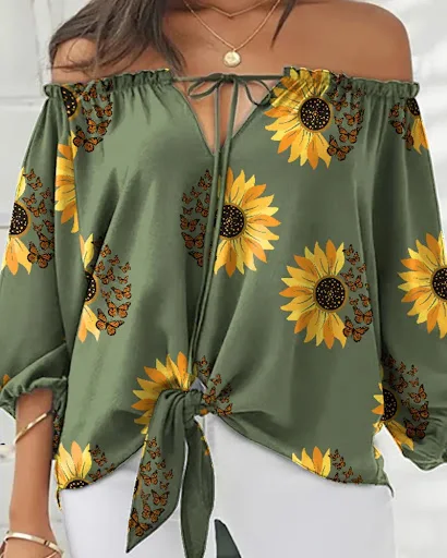 Title 5, Sexy fora do ombro impresso chiffon camisa femi...