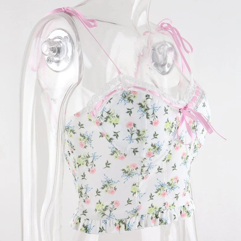 Title 9, Printed Lace Stitching Bow Slim-Fit Camisole Top