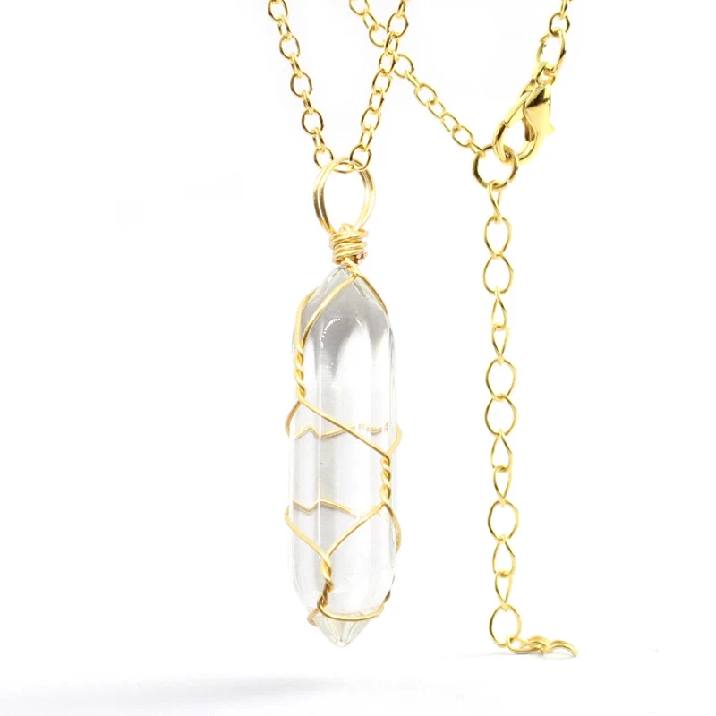 Collar con colgante de bala de piedra natural envuelto a mano, cristal de columna hexagonal para equilibrio y protección. — foto 45