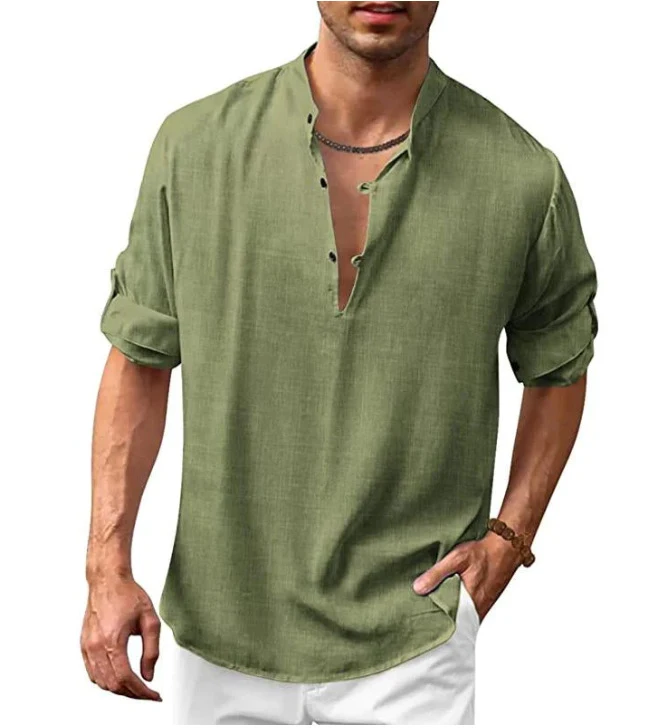 Camisa de linho masculina Henley outono inverno, manga longa, gola alta, casual praia, conforto e estilo para dias frios. — foto 2