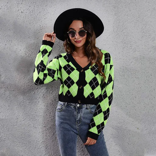 Title 6, Rhombus Color Blocking Diamond Knit Cardigan Short