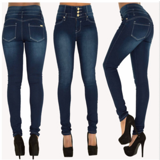 Jeans donna a vita alta elasticizzati, slim fit, con bottoni, modelli europei e USA, perfetti per la primavera. — foto 1