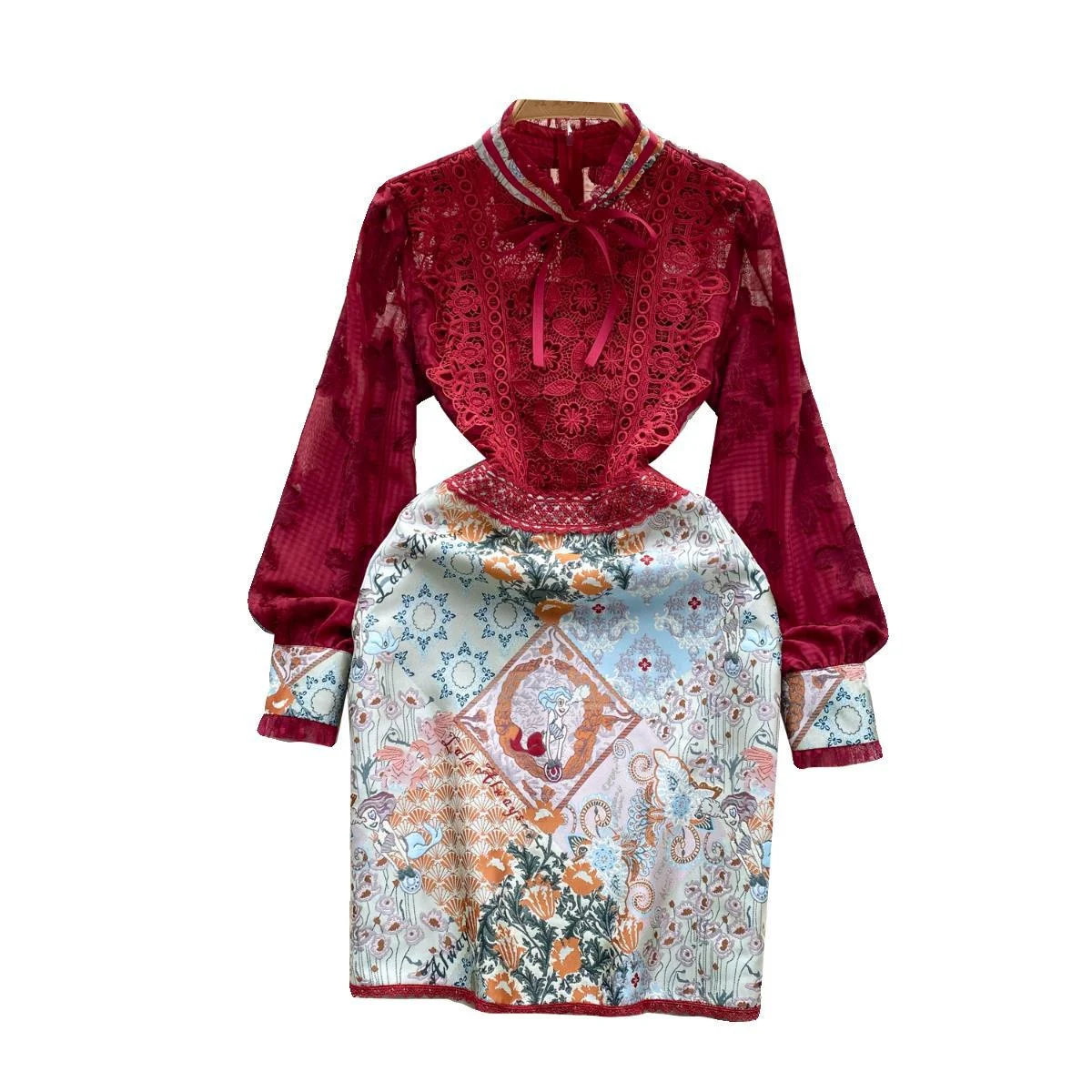 Kleurcontrast patchwork slim-fit korte jacquard temperamentjurk — foto 2