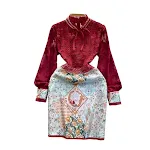 Kleurcontrast patchwork slim-fit korte jacquard temperamentjurk — foto 2