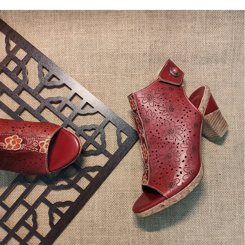 Women's Summer Sandals with Thick Heel, Flower Hollow Retro Breathable Ethnic Style, perfect for comfort and stylish war — photo 3