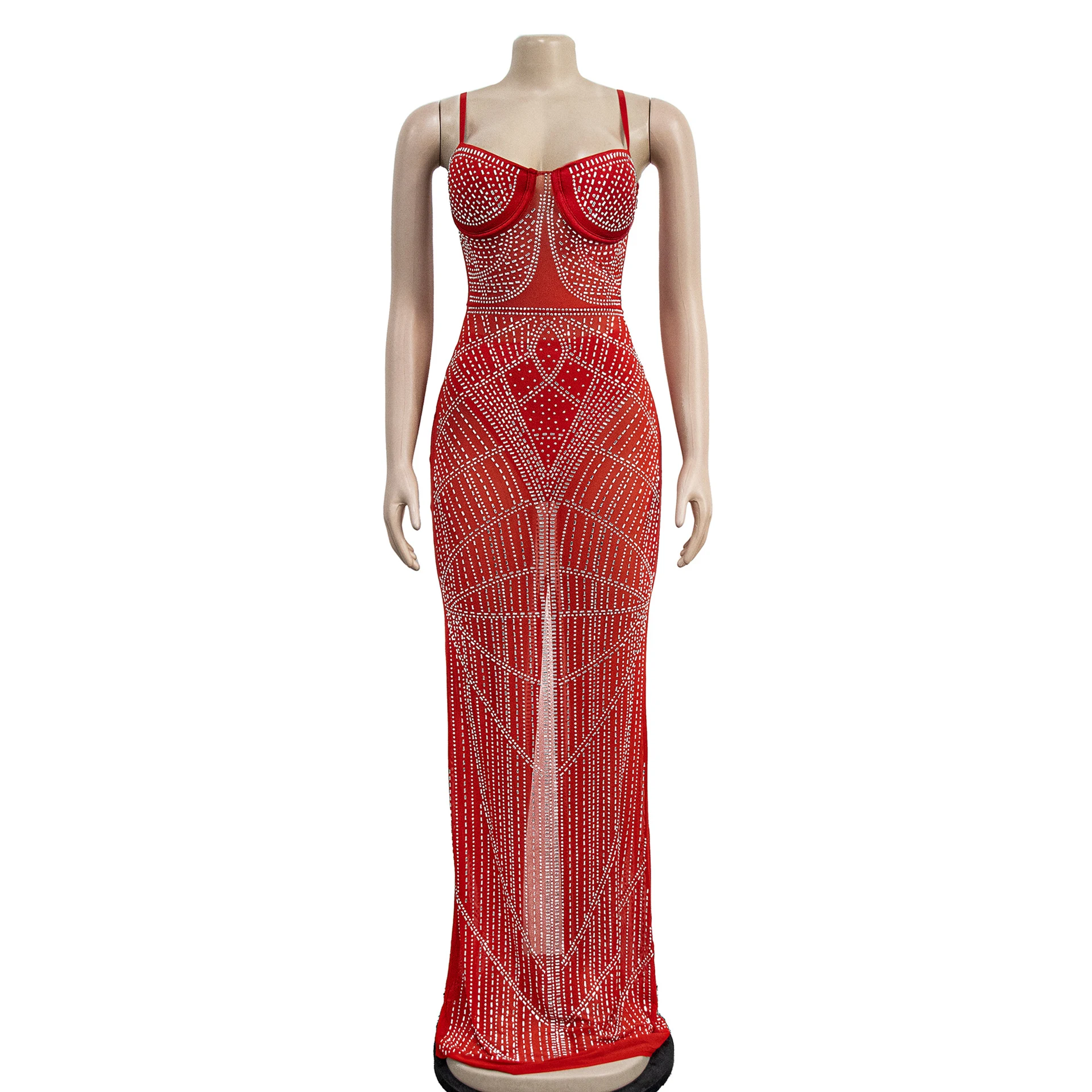 Women's Solid Color Rhinestone Mesh Sleeveless Shoulder Strap Dress — photo 22