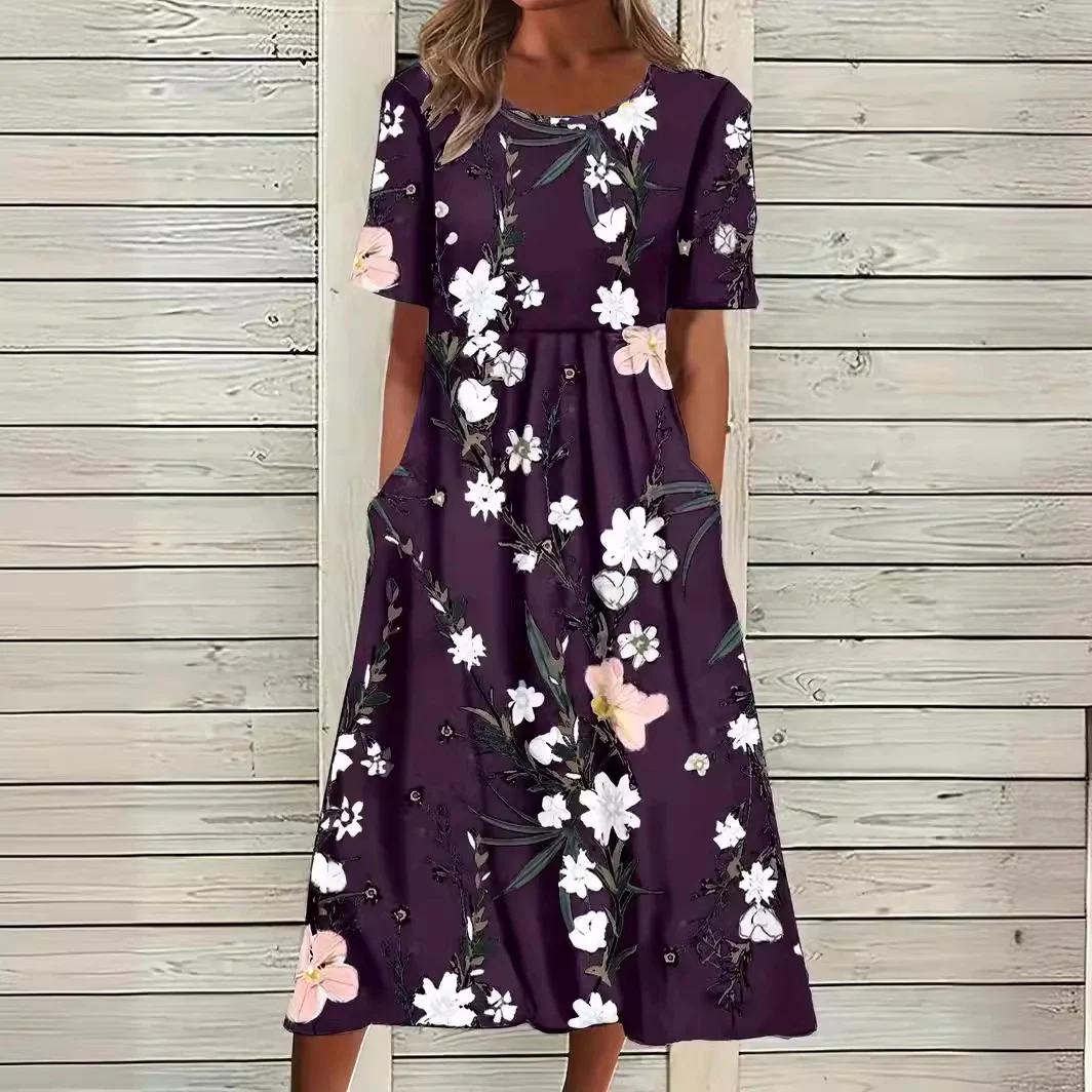 Casual Floral Round Neck Mid-length Short Sleeve Women's Dress — photo 10