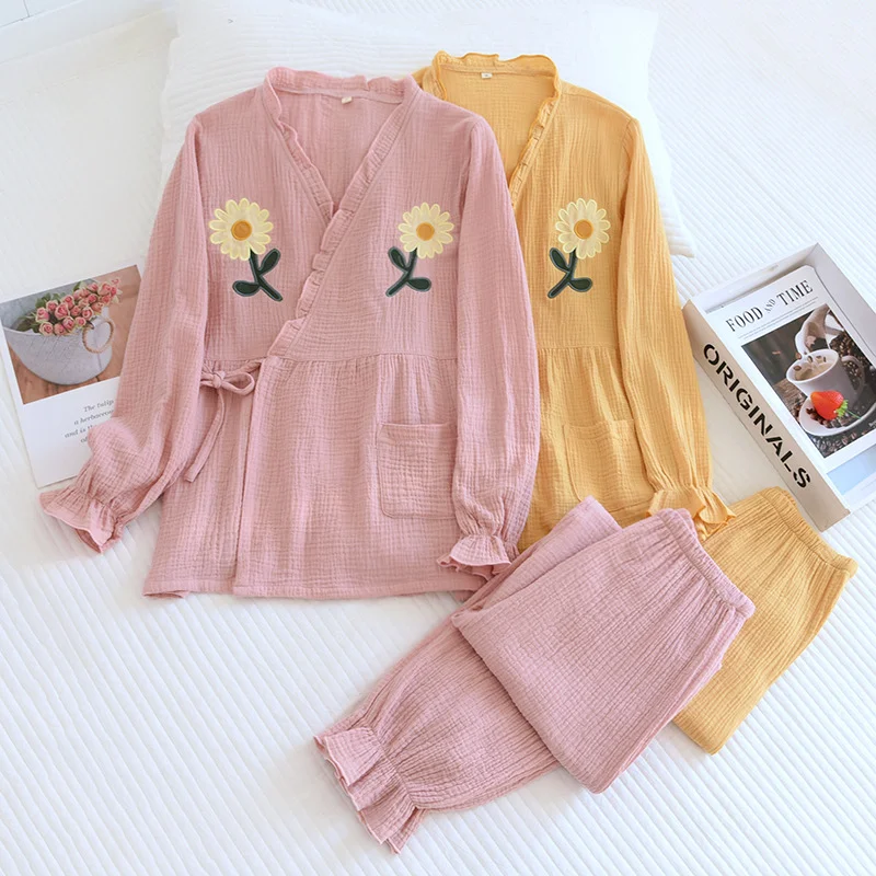 Lange mouw katoenen garen V-hals kimono homewear pak, comfortabel en stijlvol voor ontspannen avonden thuis, ultiem comfort. — foto 12