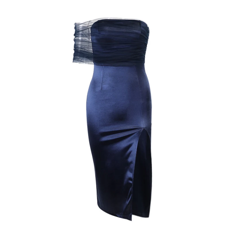 Zomer sexy splitrok satijn split micro tramsparent garen sexy off-the-shoulder — foto 2