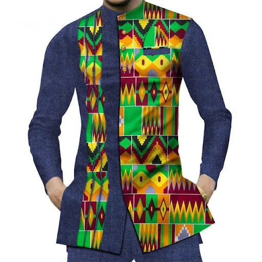 Title 20, Cotton African Mens sShirt Denim Stitching Wax...