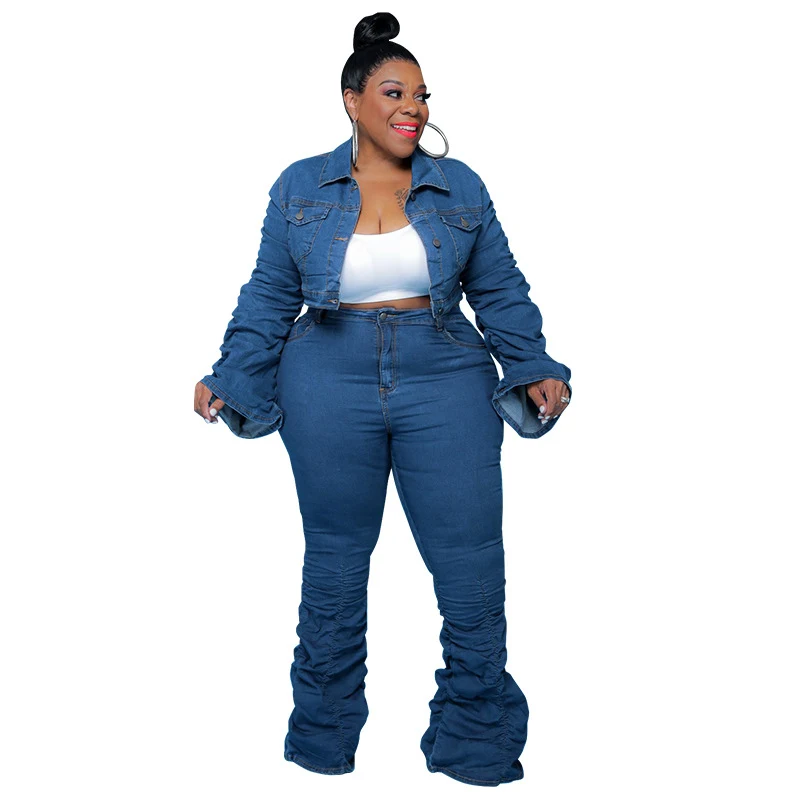 Conjunto de calças de cowboy de outono inverno plus size para mulheres europeias e americanas, duas peças, calças plissadas com forro. — foto 1