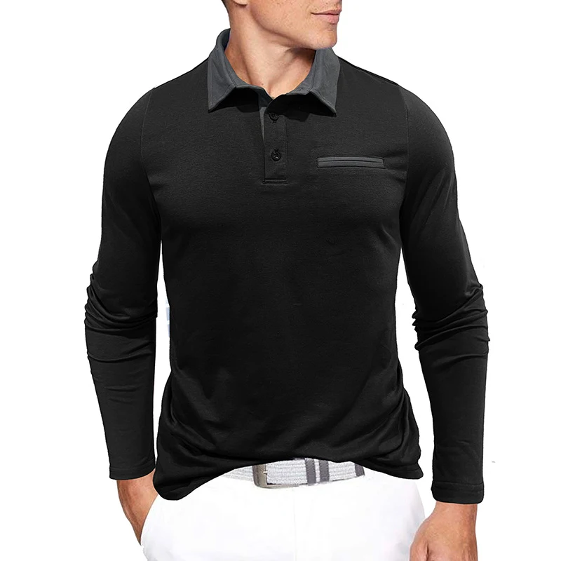 Camisa Polo Masculina Outono Inverno Algodão Contraste Gola Lapela Manga Longa Camada Base Estilo Europeu Americano. — foto 3