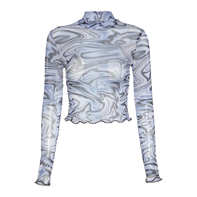 Fashion Printed Half-high Neck Long-sleeved Slim Cropped T-shirt — photo 2