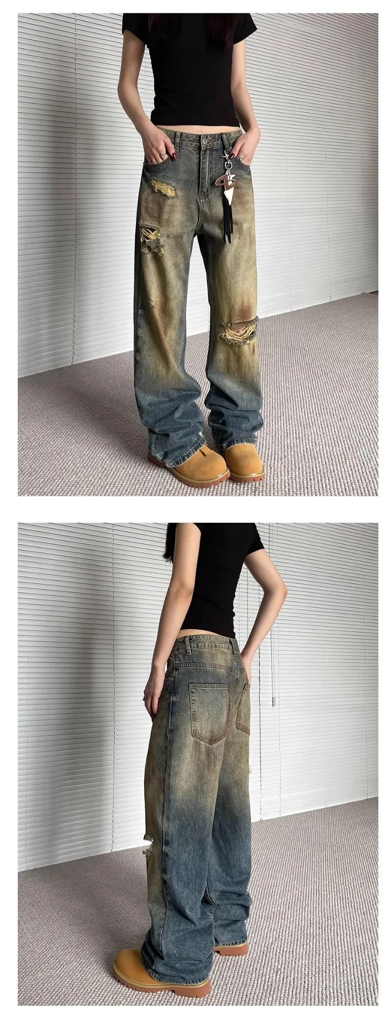 Title 2, Niche Make Old Ripped Denim Wide Leg Trousers. ...
