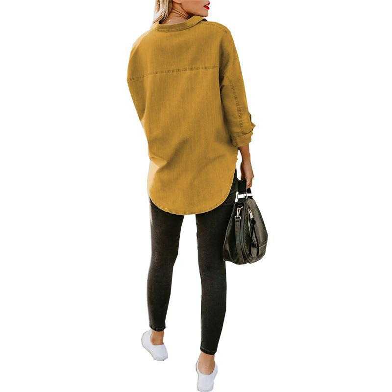 Title 32, Womens Denim Coat Loose Double Pocket Long Sle...
