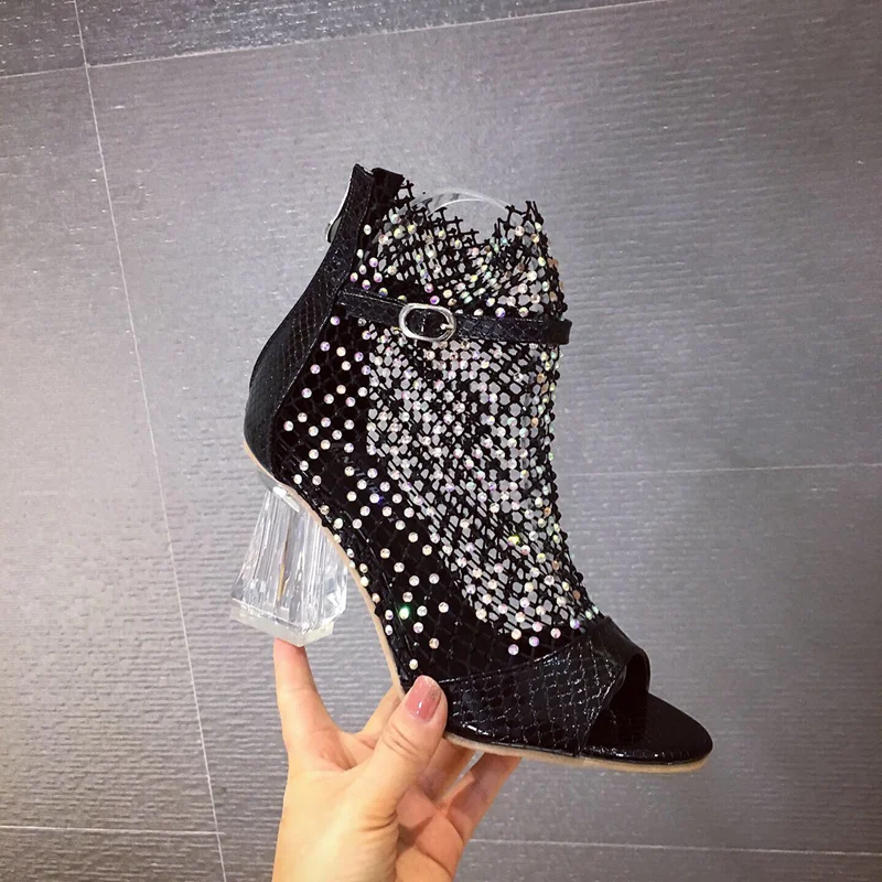 Title 3, Mesh Buckle Roman Crystal Chunky Heel Sandals. ...