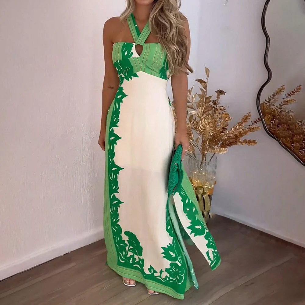 European And American Halter Dew Color Matching Fashion Vacation Beach Length Dress — photo 7