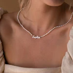 Colar com pingente de nome personalizado com contas de pérolas para mulheres, aço inoxidável. Colar com placa de identificação personalizada e elegante. — foto 7